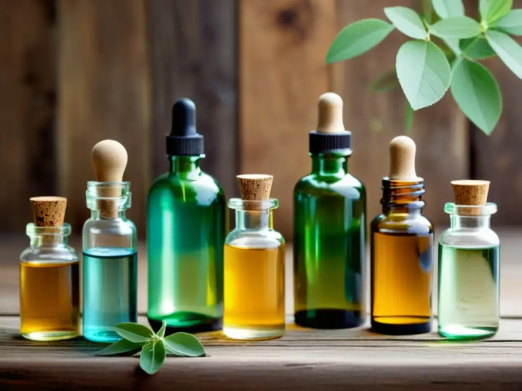 Esencia natural: Botellas de aceites esenciales vintage en madera rústica Una composición nostálgica de botellas de aceites esenciales en una superficie de madera rústica