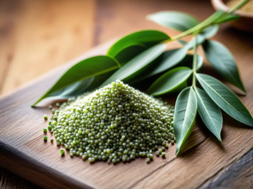 Una composición vintage de cañihua y hojas de quinoa en un entorno rústico, iluminada con suavidad