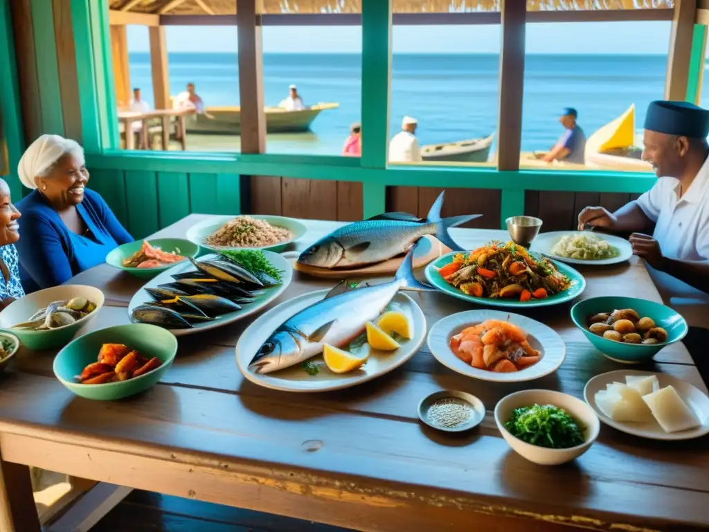 Comunidad costera preparando secretos dietas costeras ancestrales con pescado fresco y mariscos en una mesa de madera