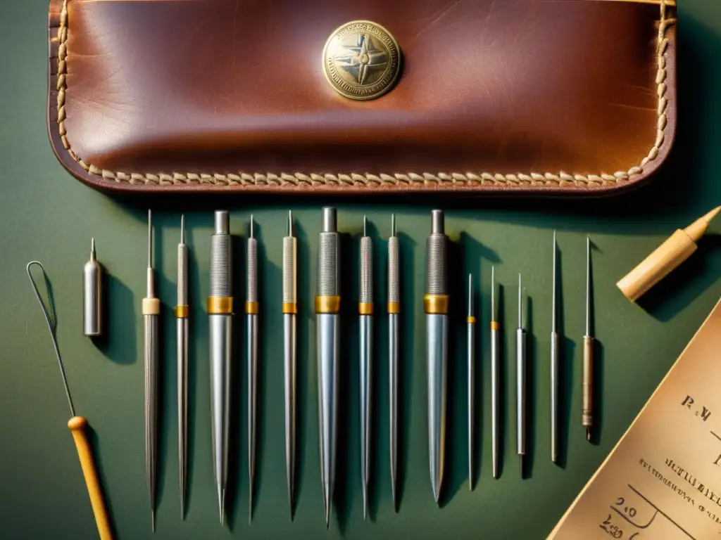 Conjunto vintage de agujas y lancetas médicas en cuero envejecido, reflejando la tradición y el uso de agujas y lancetas en medicina tradicional