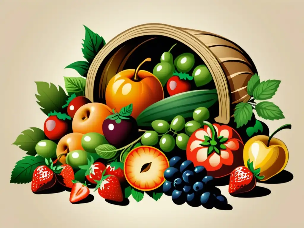 Una ilustración vintage de una cornucopia rebosante de frutas y verduras frescas y vibrantes