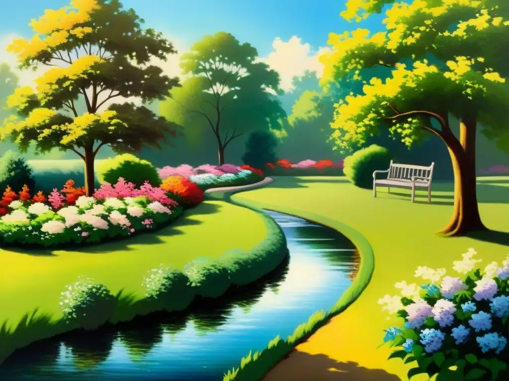 Pintura vintage de un jardín sereno con flores vibrantes y arroyo tranquilo Un cuadro vintage de un apacible jardín con flores vibrantes y un arroyo sereno