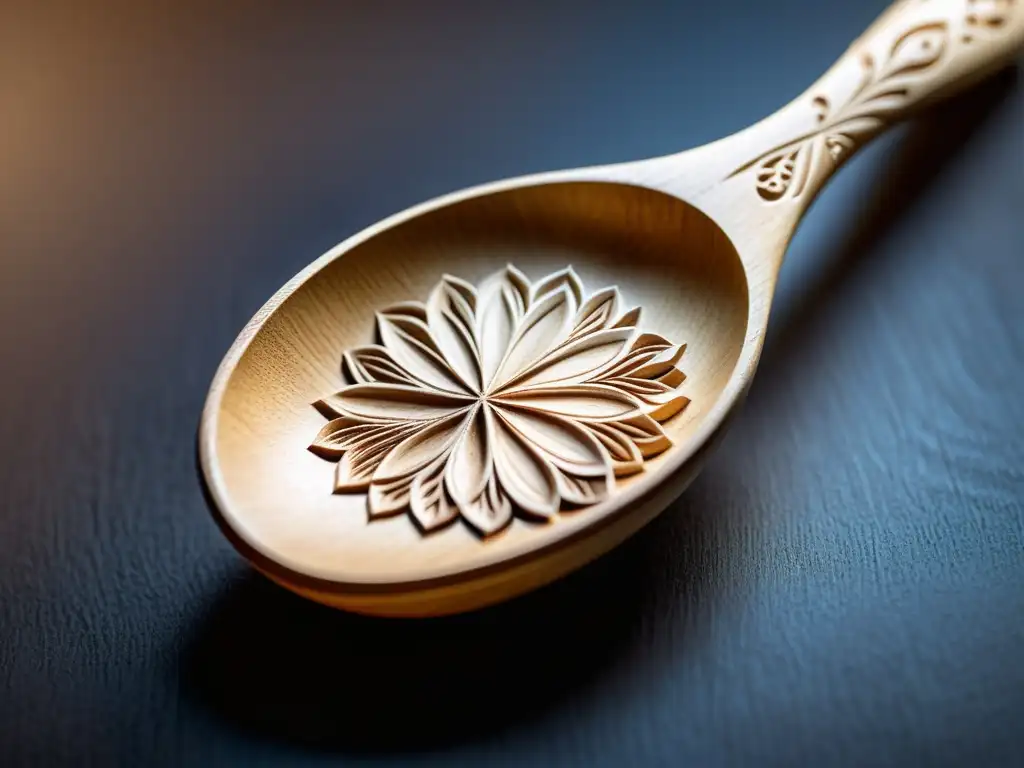 Cuchara de madera antigua con tallados detallados y tonos sepia Una cuchara de madera desgastada con tallados delicados, iluminada por una luz cálida