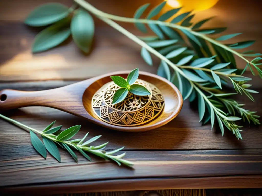 Spoon de madera tallada rodeada de hierbas curativas en mesa antigua Una cuchara de madera envejecida rodeada de hierbas y plantas medicinales en una mesa antigua