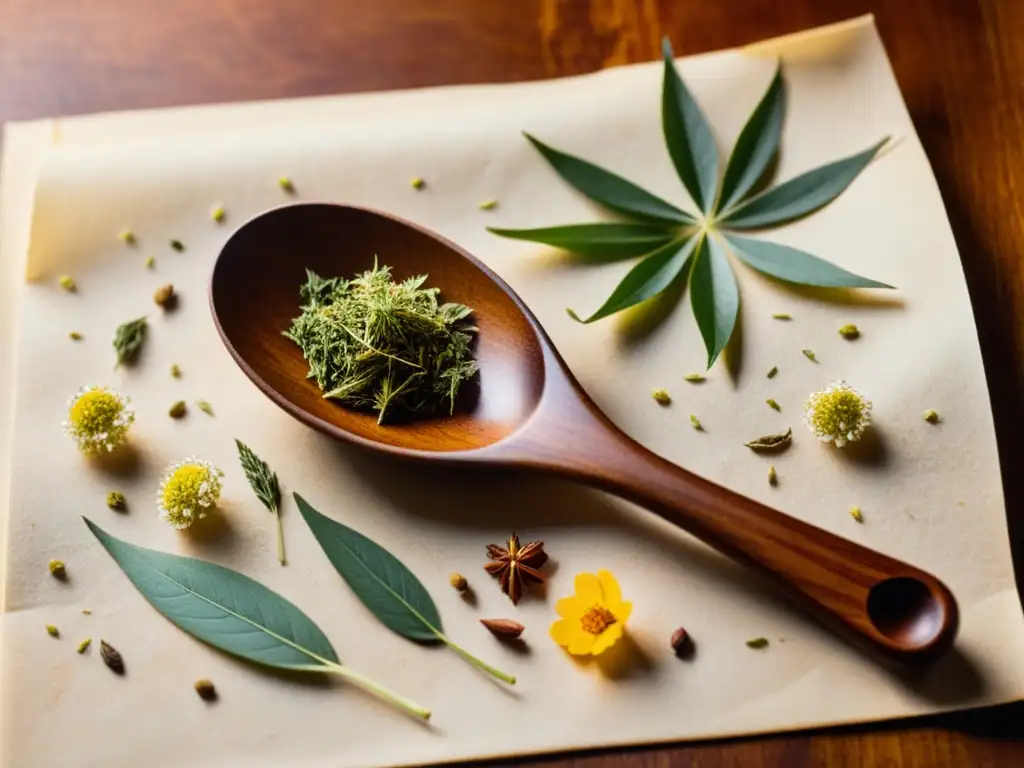 Spoon de madera tallada con ingredientes de medicina herbal Una cuchara de madera tallada descansa sobre papel artesanal con ingredientes de medicina tradicional