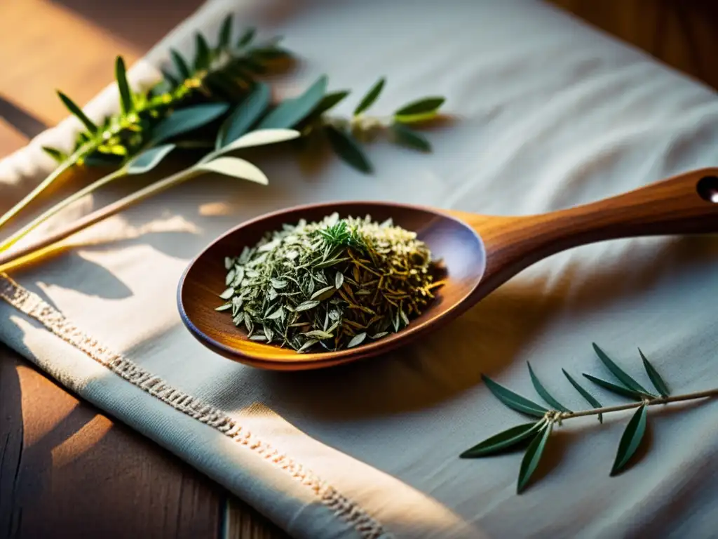 Cuchara de Madera y Hierbas Medicinales en Escena Evocadora Una cuchara de madera tradicional reposa sobre hierbas medicinales secas, iluminada suavemente, evocando la conexión con la medicina tradicional