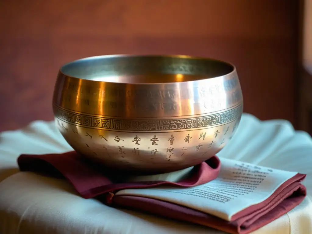 Un cuenco tibetano de cobre con mantras sánscritos, en una habitación iluminada, listo para sonido curativo en medicina ayurvédica