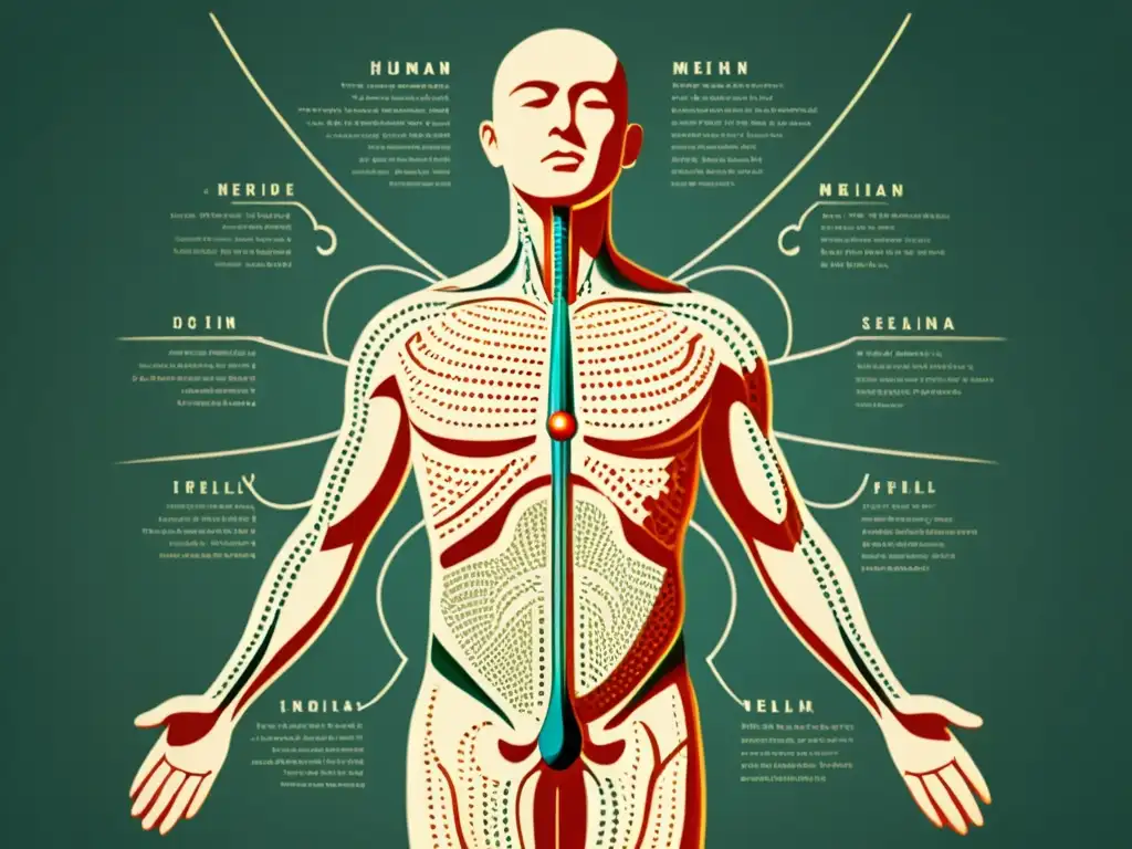 Ilustración de meridianos: sabiduría ancestral del cuerpo Ilustración vintage del cuerpo humano con detallado mapa de meridianos en acupuntura, exudando sabiduría ancestral