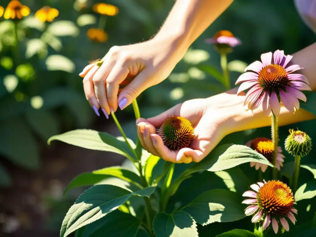 Un cuidadoso cultivo de hierbas medicinales en un jardín soleado, resaltando la conexión con la naturaleza y la sabiduría atemporal