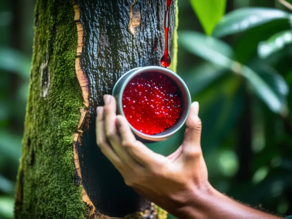 Un cuidadoso recolector extrae el látex rojo de un árbol Sangre de Drago en la selva amazónica