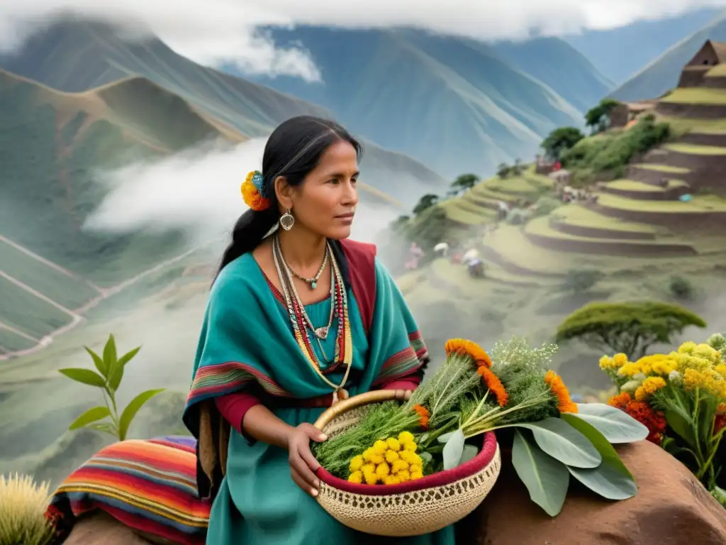 Una curandera andina recolectando plantas medicinales incaicas en los Andes, envuelta en textiles coloridos en una atmósfera mística