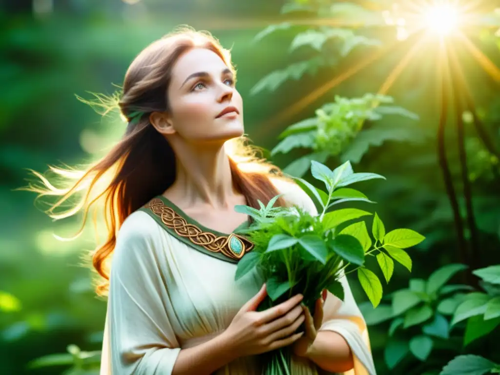 Una curandera celta rodeada de plantas sagradas en un bosque, evocando sabiduría ancestral y sanación espiritual en Europa