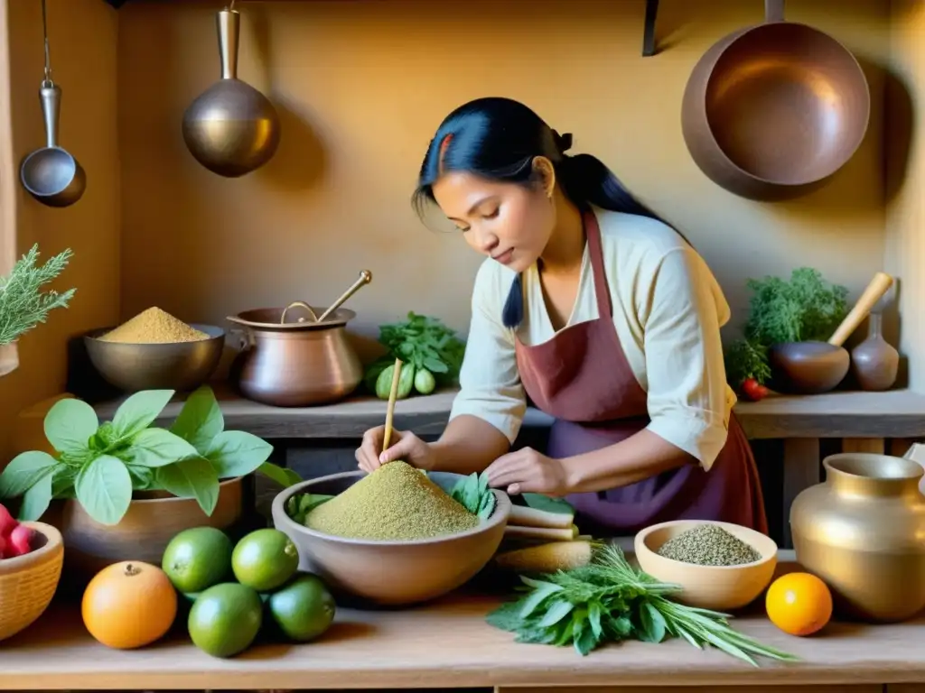 Una curandera prepara hierbas y frutas en una cocina rústica, irradiando sabiduría ancestral