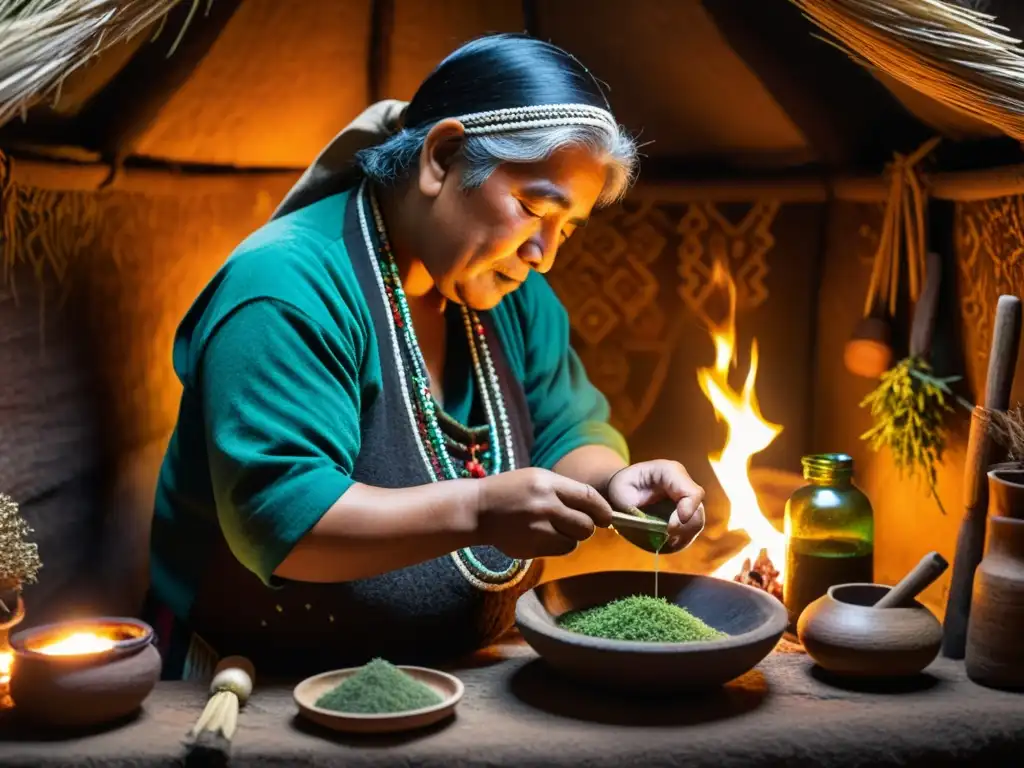 Una curandera Mapuche preparando remedios herbales en una choza decorada