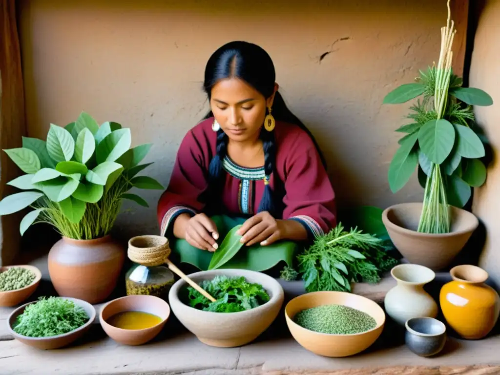 Una curandera Quechua prepara remedios herbales en un entorno andino, mostrando la medicina tradicional Quechua sobada