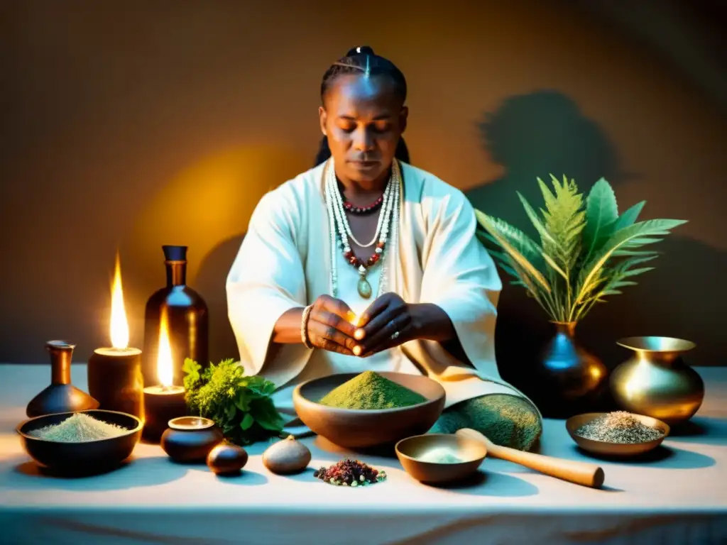 Una curandera tradicional realiza un ritual rodeada de hierbas medicinales