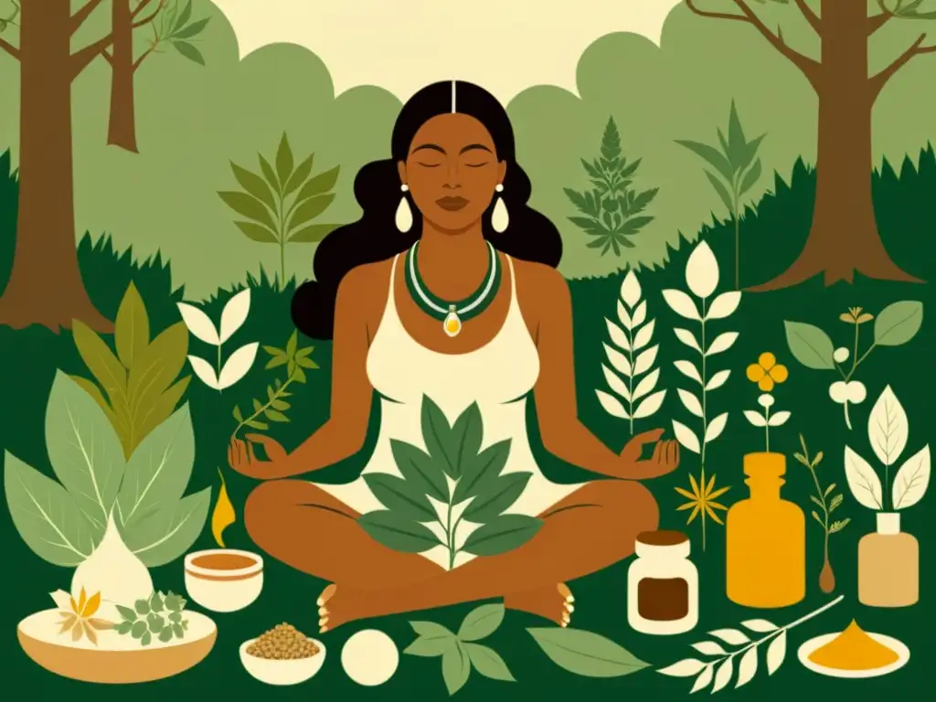 Una curandera tradicional comparte sabiduría en el bosque, rodeada de hierbas y remedios naturales
