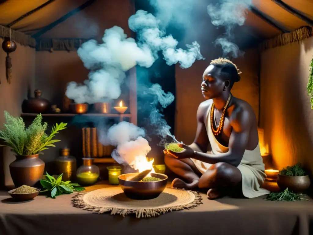 Un curandero africano en una choza iluminada por velas, realizando un ritual espiritual con hierbas y humo, capturando la dimensión espiritual de la medicina tradicional africana