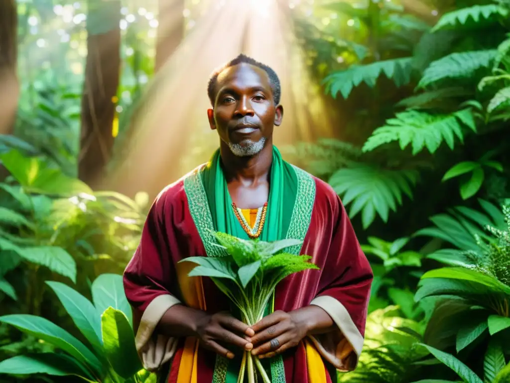 Un curandero africano en un exuberante bosque, rodeado de plantas medicinales, viste ropas coloridas y sostiene hierbas