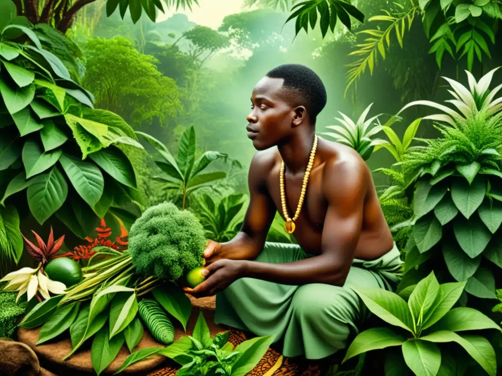 Un curandero africano recoge plantas medicinales en la exuberante selva, irradiando sabiduría ancestral y abundancia natural