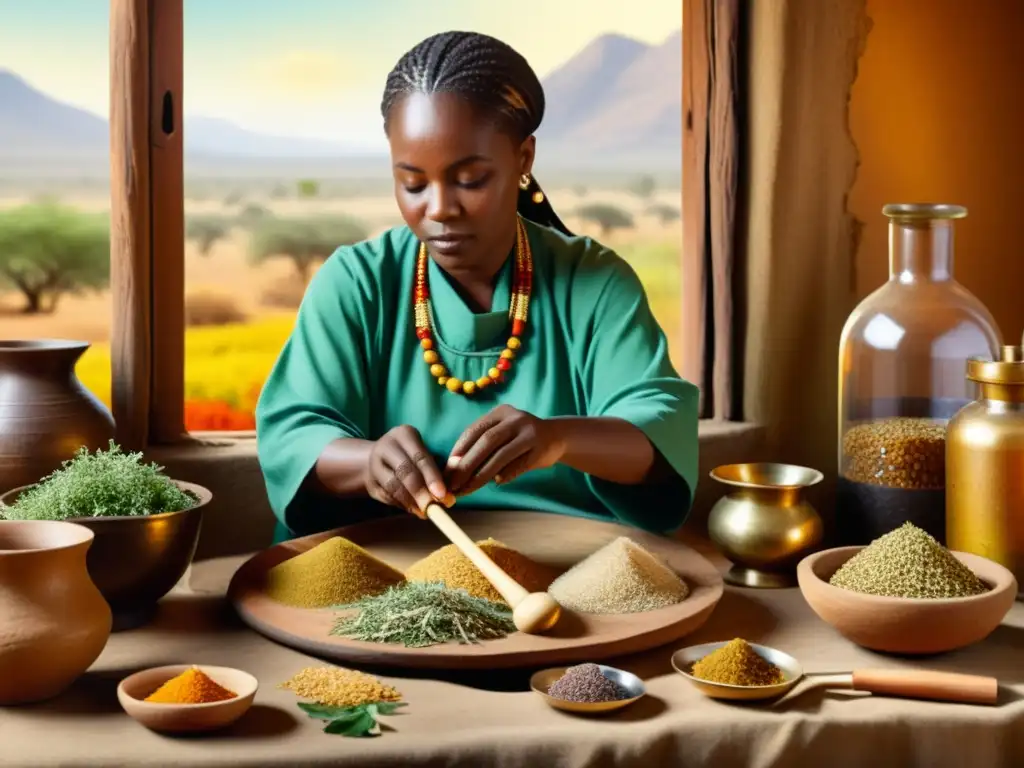 Un curandero africano prepara remedios herbales en un entorno rústico y terroso, destacando los orígenes de la medicina tradicional africana