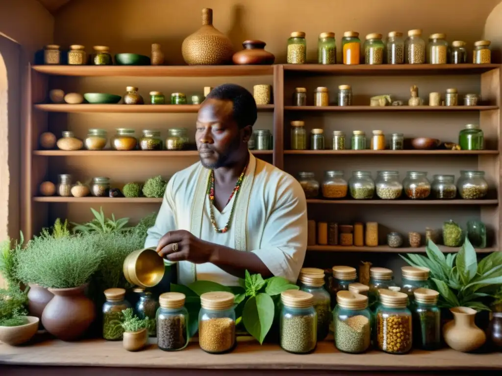 Un curandero africano tradicional prepara remedios herbales rodeado de plantas y hierbas en un antiguo boticario, evocando sabiduría ancestral