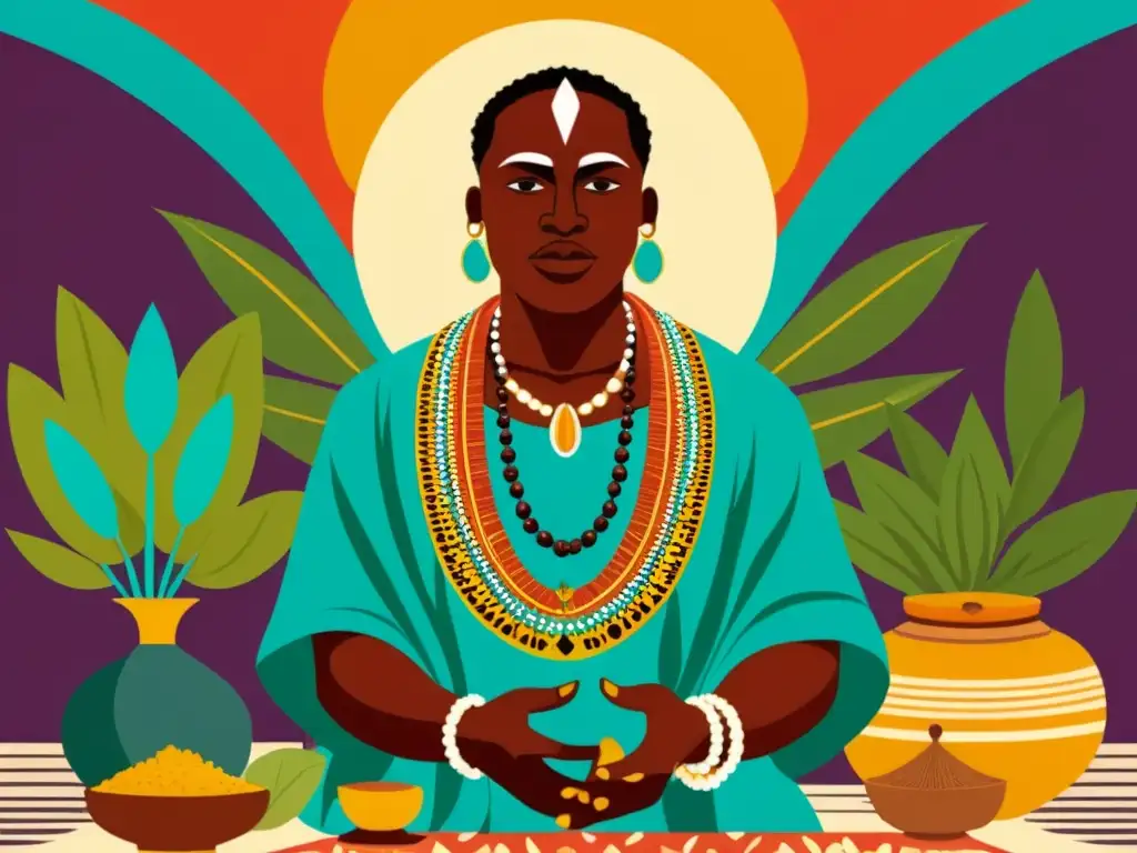 Un curandero africano realiza un ritual espiritual rodeado de hierbas medicinales en un bullicioso mercado