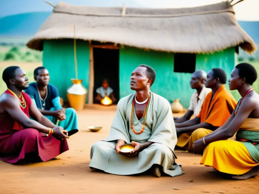 Un curandero africano realiza un ritual de sanación espiritual en una aldea rural