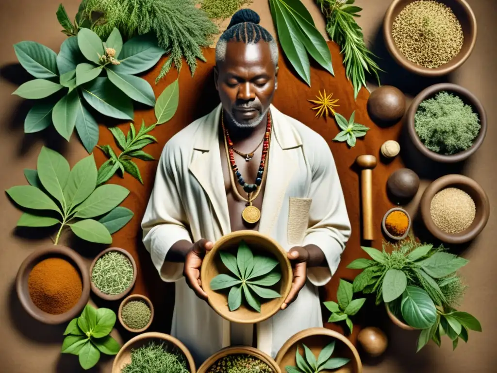 Un curandero africano realiza un ritual de sanación rodeado de plantas medicinales