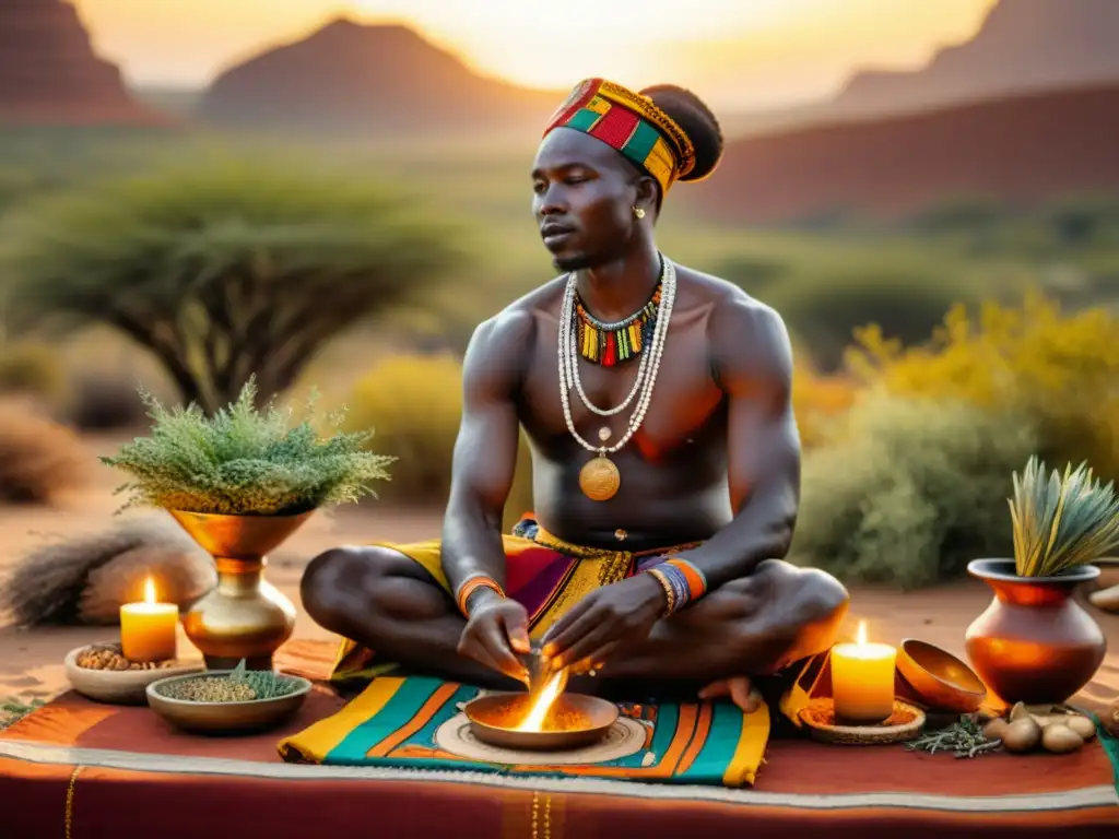 Un curandero africano realiza un ritual de sanación rodeado de hierbas y herramientas tradicionales