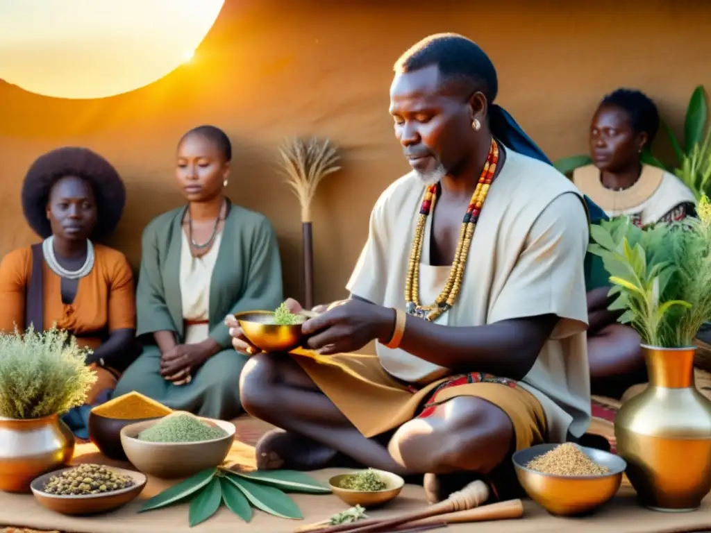 Un curandero africano realiza un ritual sanador rodeado de hierbas y herramientas medicinales, en medio de una cálida luz dorada