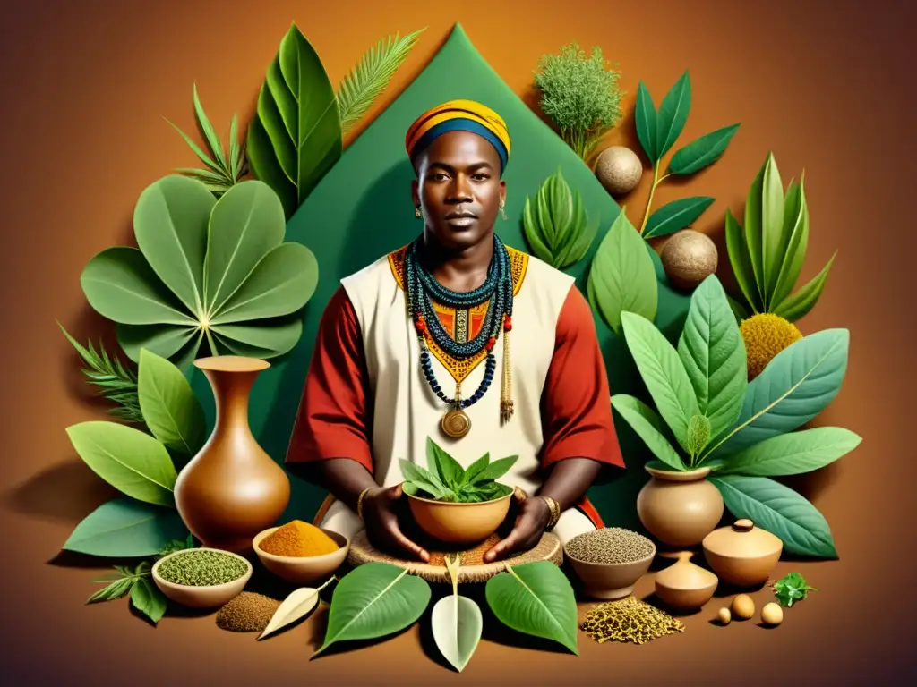 Curandero africano rodeado de hierbas y herramientas de medicina tradicional, representando la historia de la medicina tradicional africana