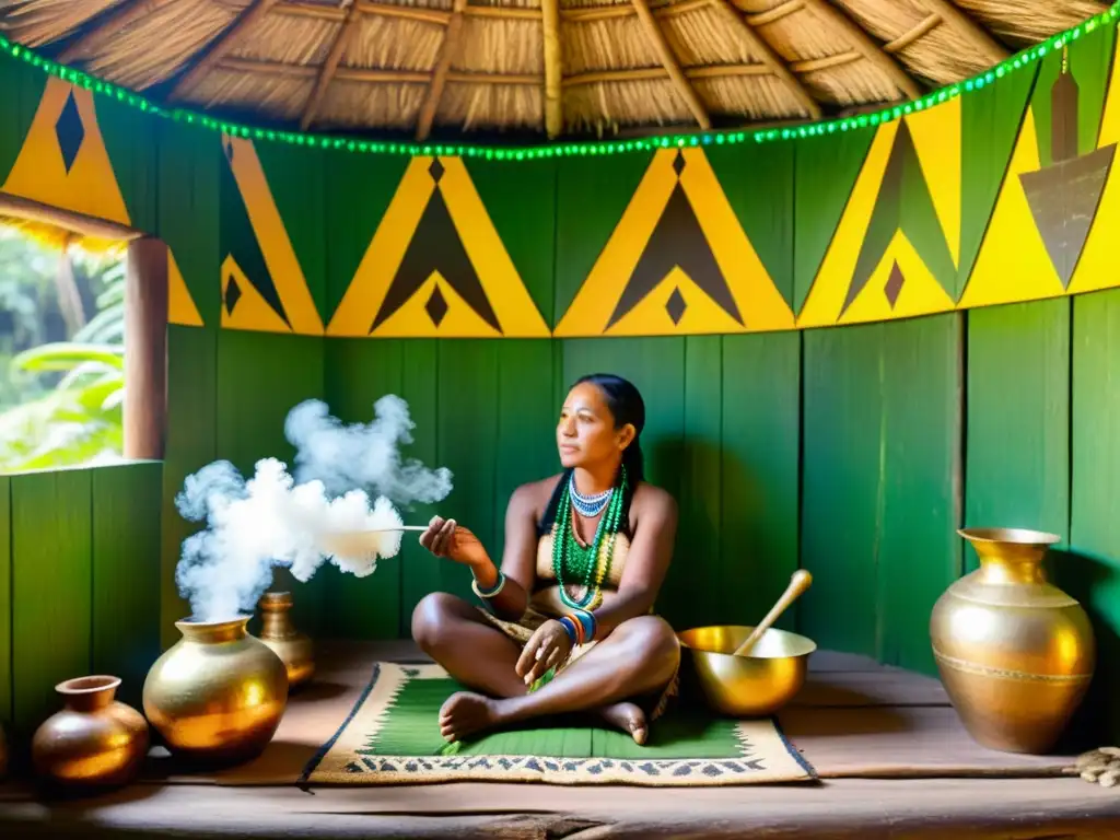 Un curandero amazónico prepara una poción medicinal en una cabaña rodeada de exuberante vegetación, exudando sabiduría ancestral