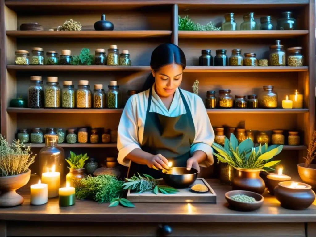 Un curandero ancestral prepara hierbas medicinales en una apotecaria rústica, evocando sabiduría y tradición en la medicina ancestral