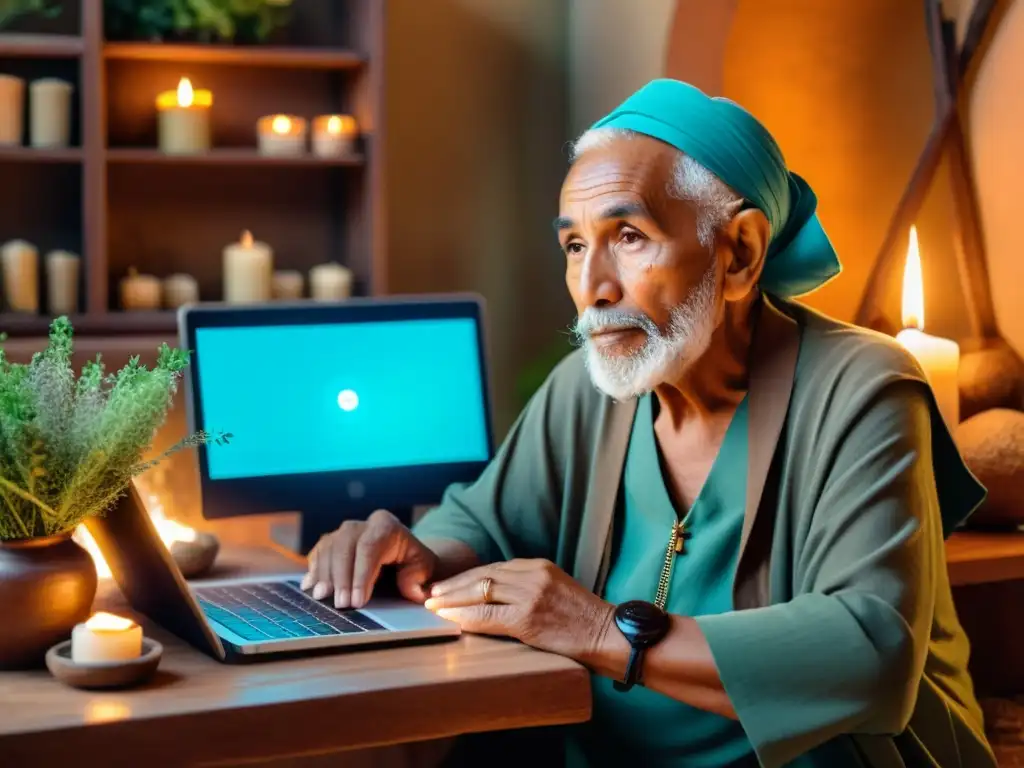 Un curandero anciano se sienta frente a una computadora con un altar tradicional al fondo