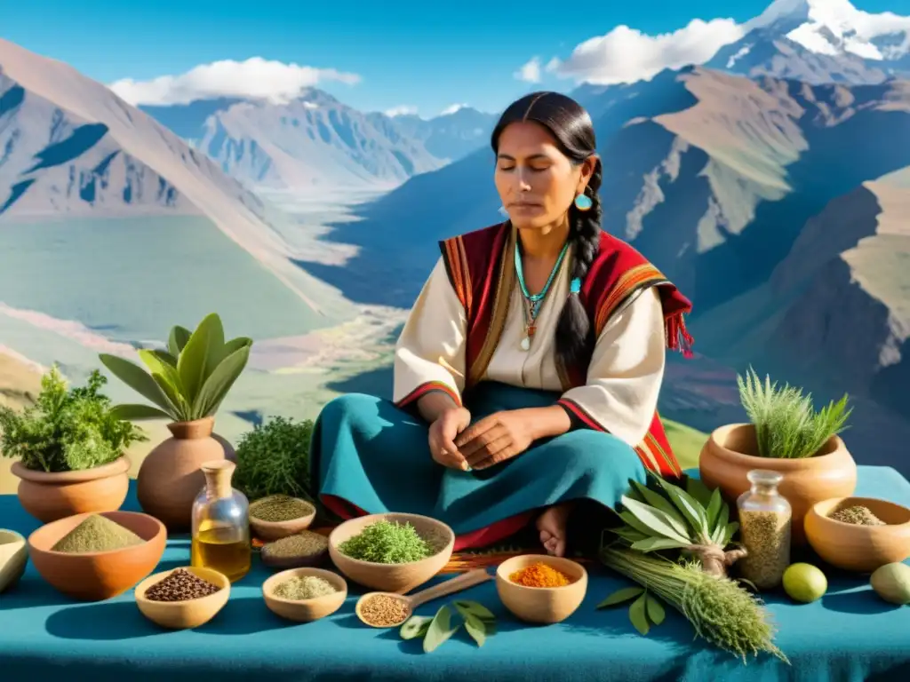 Un curandero andino preparando remedios naturales con la majestuosidad de los Andes de fondo