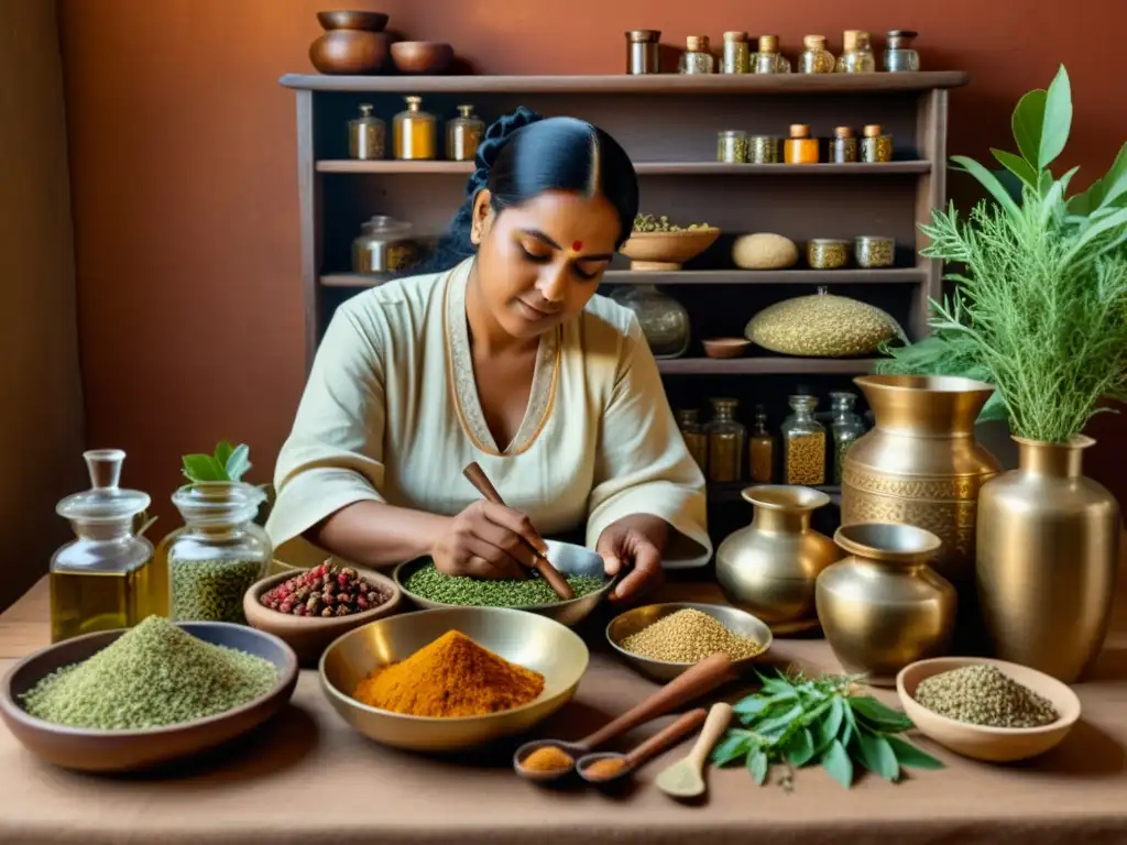 Un curandero ayurvédico tradicional preparando remedios medicinales en una apotecaria rústica y tenue, rodeado de hierbas y especias