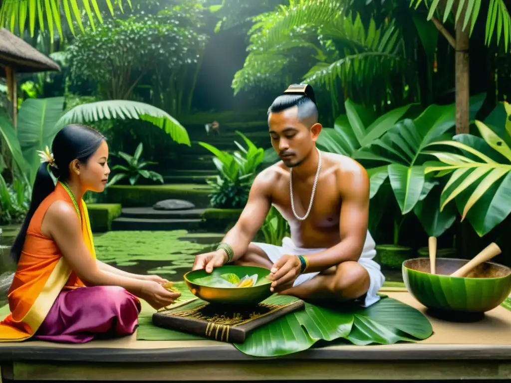 Un curandero balinés realiza un ritual de purificación entre exuberante vegetación tropical