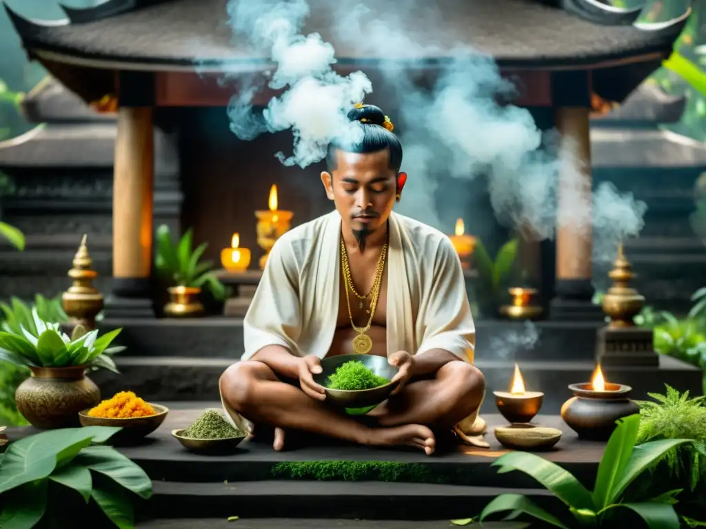 Un curandero balinés realiza un ritual de purificación en un templo, rodeado de humo aromático y vegetación exuberante