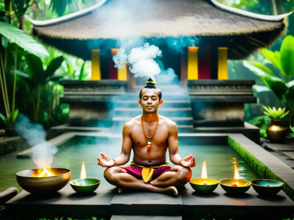 Un curandero balinés realiza un ritual de purificación en un templo sagrado, rodeado de exuberante vegetación tropical y humo de incienso