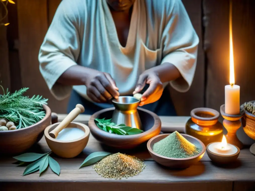 Curandero preparando compresas medicinales en un entorno rústico iluminado por velas