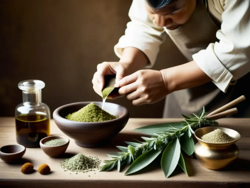 Un curandero prepara con cuidado un remedio herbal en una antigua botica, evocando la conservación de tratamientos medicina tradicional