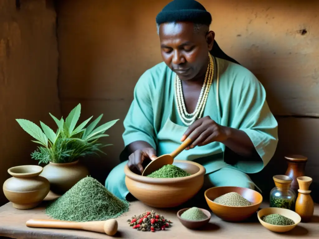 Curandero de una cultura específica preparando plantas sagradas para rituales anestésicos