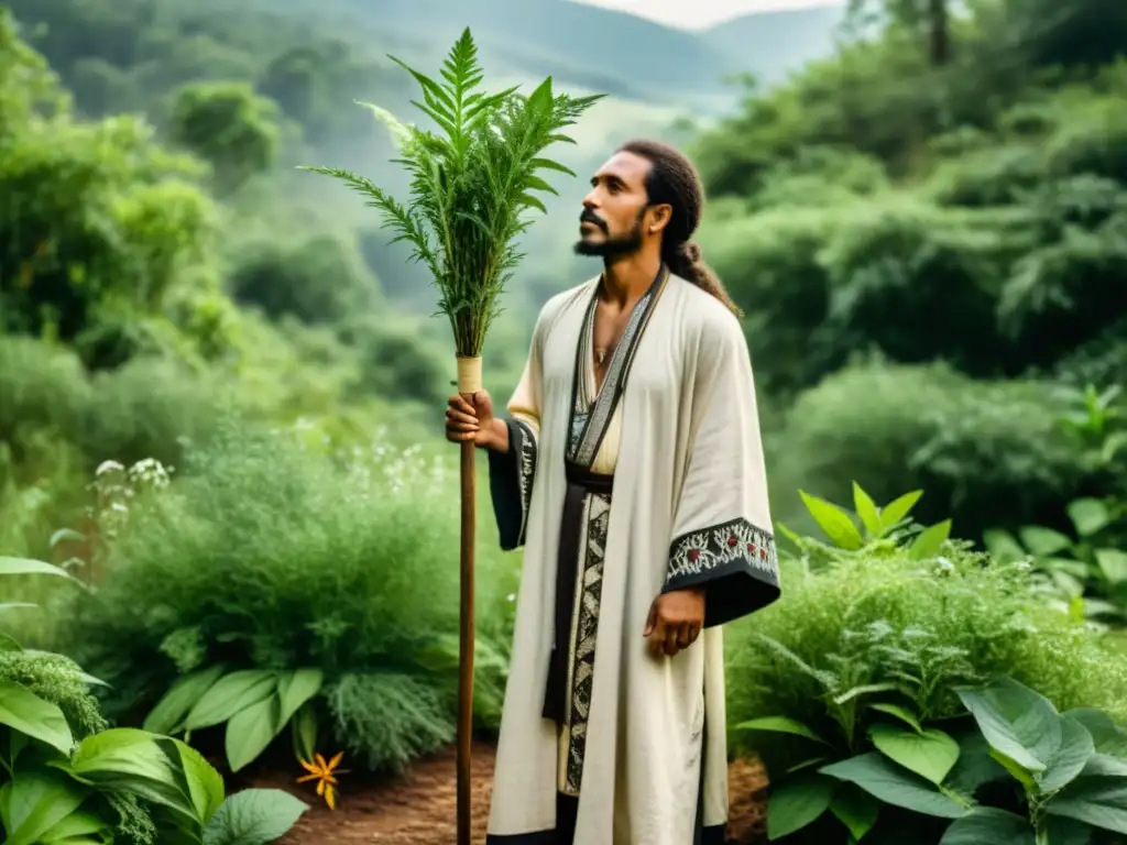 Un curandero europeo en el bosque con hierbas medicinales, emanando serenidad y conexión con la naturaleza