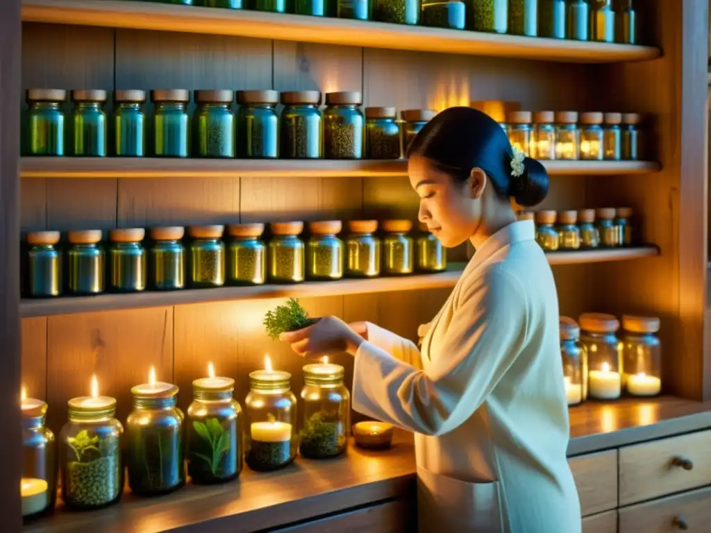 Un curandero selecciona hierbas en su antigua farmacia, iluminada por velas