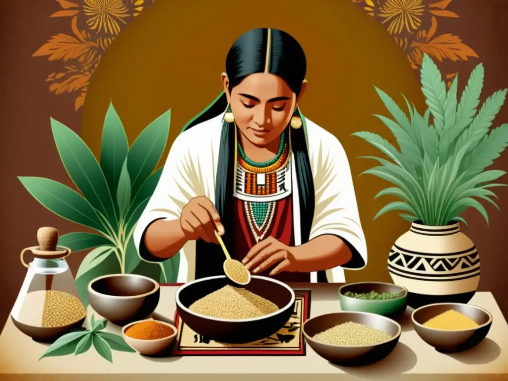 Un curandero inca prepara una poción medicinal con quinua y hierbas