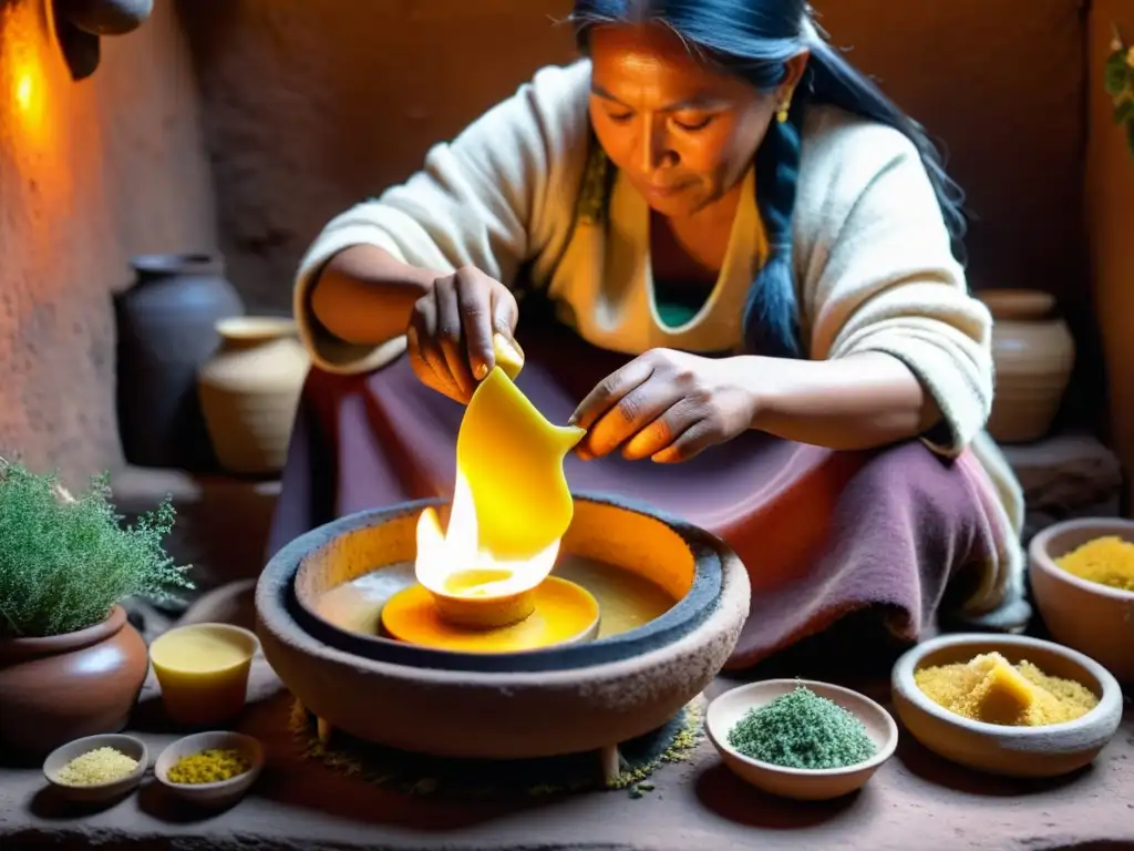 Un curandero indígena andino mezcla ungüentos de cera de abeja y hierbas medicinales en un ambiente cálido y tradicional, rodeado de plantas secas y textiles coloridos