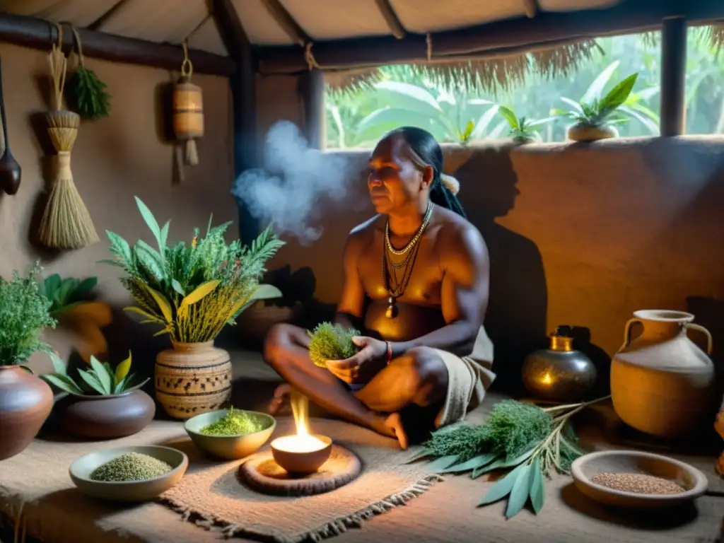 Curandero indígena realiza una ceremonia de sanación en una choza iluminada por el fuego, rodeado de hierbas medicinales y artefactos