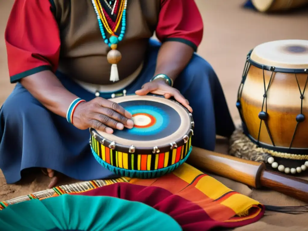 Un curandero indígena realiza una ceremonia de sanación con medicina sonora, rodeado de instrumentos musicales tradicionales