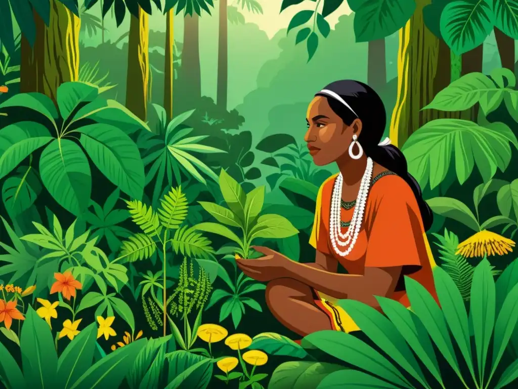 Un curandero indígena reúne hierbas en la exuberante selva, mostrando la riqueza de la Incorporación de la Medicina Nativa